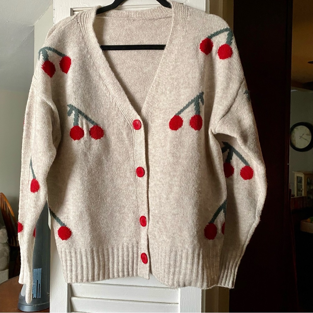 Cherry Patterned Cream Cardigan Sweater